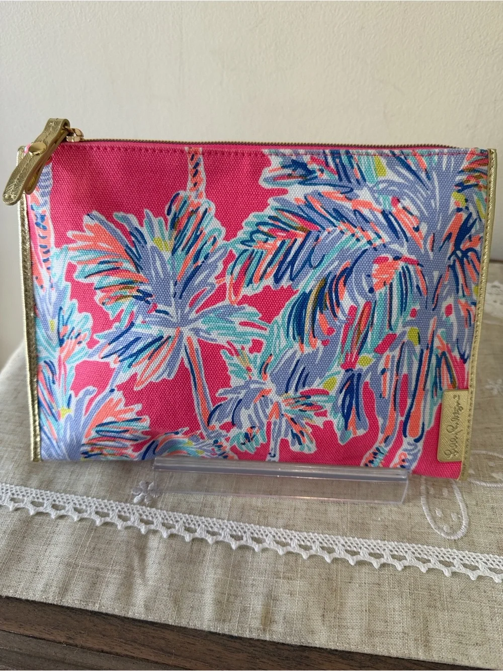 Lilly Pulitzer Pink Tropical Palm Pattern Top Zip Case with Gold Tone Trim